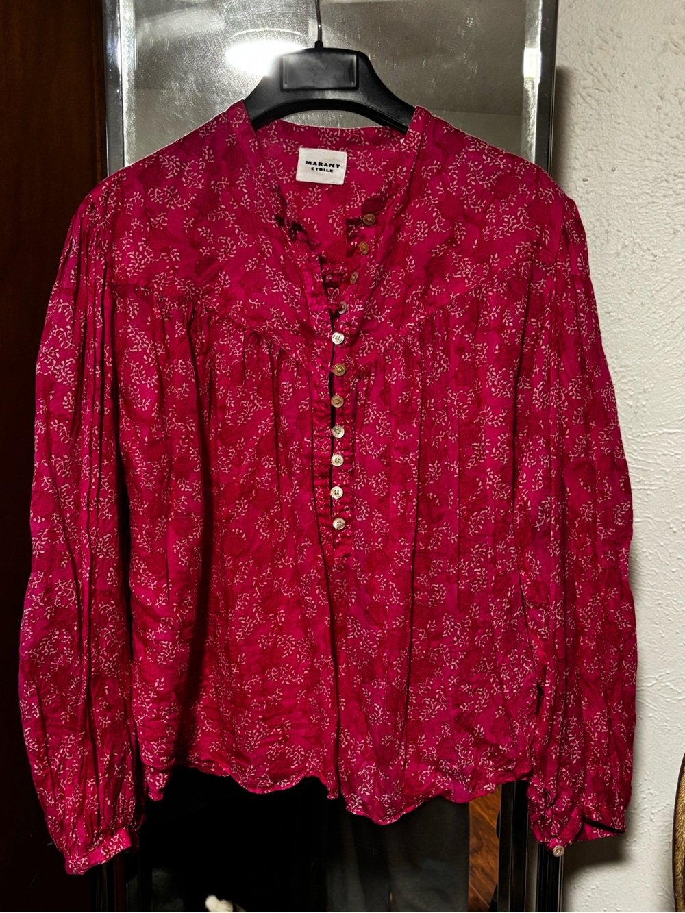 Isabel Marant Raspberry Pink Pintuck Floral Button Blouse